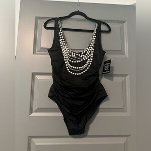 NWT Amita Naithani L Embellished pearls one piece black swimsuit